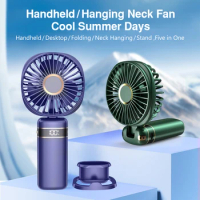 USB Handheld Mini Fan Foldable Portable Neck Hanging Fan 5 Speed Adjustable Rechargeable Fan With Phone Stand And Display Screen
