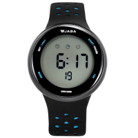 JAGA 捷卡 / 電子運動 倒數計時 碼錶 鬧鈴 防水100米 透氣矽膠手錶-黑藍色/43mm