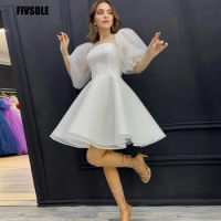Fivsole Strapless Glitter Tulle Evening Dress Short Formal Dress A-line Puff Sleeves Evening Gowns Vestidos De Noche Prom Gowns