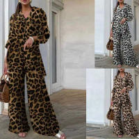 Women's Leopard Print Pajama Set Loose Long Sleeve Spring Ladies Sleepwear 2 Pcs with Pant Single Breasted Pijama for Female