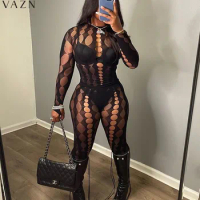 VAZN 2023 New Arrival Young Black See Through Lace Round Neck Full Sleeve High Waist + Long Pencil Pant Women 2 Piece Set