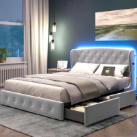 Queen Bed Frame with Headboard &amp; 4 Drawers, Velvet Upholstered Bed Frame with RGB Lights &amp; USB-C Charger, Platform Bed Frame