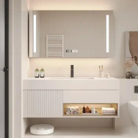 New Modern Bathroom Vanity Combo Rock Plate Integrated Bathroom Cabinet Washbasin Smart Light Mirror Cabinet Luxury Furniture