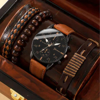 1pc Men's Quartz Watch &amp; 3pcs Bracelets (watch Set), Ideal choice for Gifts