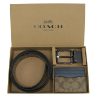 COACH C8278 質感PVC雙面皮帶卡夾禮盒組.咖/深藍
