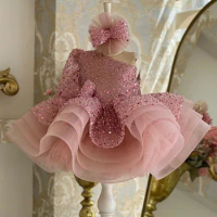 Baby Girls Prom Ball Gown Princess Fluffy Girls Christmas Party Dresses Elegant Pink Sequin Mesh Puffy Vestido Children Clothing