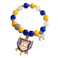 Handmade Stylish 10MM Beads Stretch Blue Yellow Beaded Greek Letters Sorority Label Poodle Sigma Gamma Rho Shield Bracelets