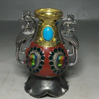 Exquisite Old Chinese Copper Inlay Gem Handmade Vase