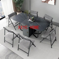 Movable Folding Dining Table with Storage Rack and 2 Drawers Extendable Versatile Kitchen Table and Metal Folding Dining Chairs