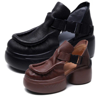 【JP Queen New York】立體縫製厚底粗跟真牛皮涼鞋(2色可選)