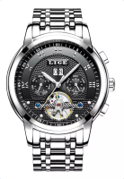 LIGE AUTOMATIC 男女賽不銹鋼自動舞表，大日期，日/月，黑色錶盤，鋼製手鐲