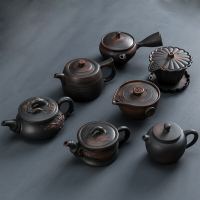 建水紫陶茶壺手工跳刀紋側把壺陶瓷家用大號單壺大容量功夫茶具器