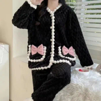 Winter Women's Fleece Pajama Set Korea Style Long Sleeve Ladies Sleepwear 2 Pcs with Pant Single Breasted Pijama for Female