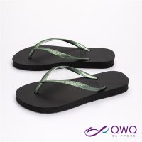 QWQ女生素面防滑夾腳拖-Slim跳色系列-黑底綠帶-時尚休閒涼拖鞋(AAAA11105)