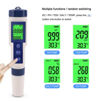 EZ-9909 5 in 1 TDS/EC/PH/Salinity/Temperature Meter Digital Water Quality Monitor Tester for Pools, Drinking Water Tds Meter
