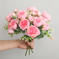 Hot Selling 1pcs/30cm Rose Pink Silk Bouquet Peony Artificial Flower 5 Big Head 4 Small Bud Bride Wedding Home Decoration Artifi