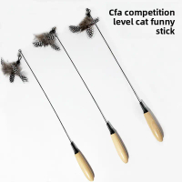 CFA Grade Wooden Handle Cat Teaser Wand with Bell Feather, Replaceable Head, Scratch Resistant Inter