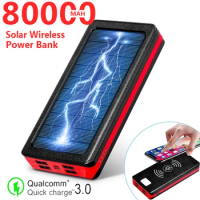 80000mAh High Capacity Wireless Power Bank Solar External Battery Fast Charger Large Capacity 4 USB LED Mobile Phone Charger