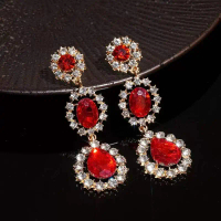 Women's red crystal large earrings, birthstone, light luxury and diamond-encrusted earrings