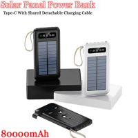 New 80000mAh Solar Powerbank with Built-in Cable Ultra-thin Power Bank Type-C with Shared Detachable Charging Cable Battery Pack