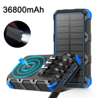 Solar Power Bank Large Capacity 36800mAh Wireless Charging Portable Powerbank With Cable LED Light for iPhone 14 Samsung Xiaomi