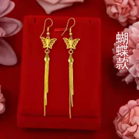 High quality gold 24K tassel butterfly earrings 999 long AU750 earrings for women pure gold metal stamps