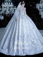 《冰雪》主婚紗禮服高級感2024新款大拖尾新娘長袖方領銀色