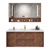 Modern Minimalist Red Oak Bathroom Cabinet Ceramic Whole Washbin Solid Wood Bathroom Cabinet Smart Mirror Cabinet