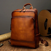 2022 New Natural Cowskin 100% Genuine Leather Men's Backpack Vintage Travel Bagpack Shoolbag For Boy Leather Laptop Backpack Bag