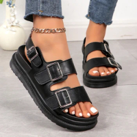 Vintage One-line Buckle Flat Sandals 2024 New Black Women's Summer Flat Wearing Roman Shoes Birkenstock Slippers