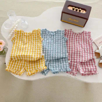 Summer Kids Clothes Baby Girl IG Fashion Short Sleeves Checkered Top + Shorts Two Piece Set 2-6yrs