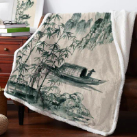 Chinese Painting Landscape Bamboo Boat Winter Warm Cashmere Blanket for Bed Wool Throw Blankets for Office Bedspread
