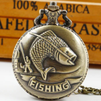 Unique Bronze Fishing Sculpture Pocket Watch Necklace Fob Chain Steampunk Clock Quartz Retro Pocket Watch Gifts アンティーク