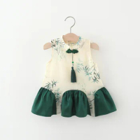 New Girls' Summer Dress Chinese Bamboo Print Fringe Sleeveless Hanfu Fashion Baby Chinese Style Skirt