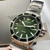 【EMPORIO ARMANI】ARMANI手錶型號AR00011(墨綠色錶面銀綠色錶殼銀色精鋼錶帶款)