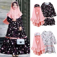 Baju Kanak-kanak Ramadan, Set 2pcs dengan Hijab, Gadis Islam Muslimah Ramadan Abaya dengan Jubah Hij