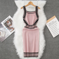 YuooMuoo Summer Women Sexy Knitted Wrap Hips Dress Fashion Contract Color Slim Elastic Bodycon Mini Dress Lady Party Sundress