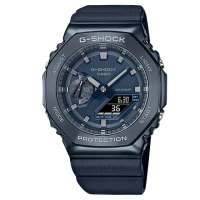 【CASIO 卡西歐】G-SHOCK 軍事風格 八角金屬 雙顯 防水200米 橡膠手錶 藍色 45mm(GM-2100N-2A)