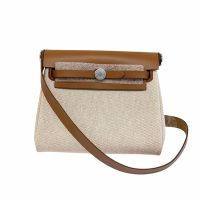 HERMES 愛馬仕 MINI Herbag帆布拼牛皮肩背包/斜背包(米色/棕色/銀扣)