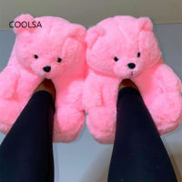 COOLSA Women Charmingly Naive Plush Warm Cotton Slippers Leisure House Furry Teddy Bear Slides Cartoon Creative Flip Flops
