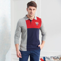 【NAUTICA】撞色色塊拼接長袖POLO衫(灰色)