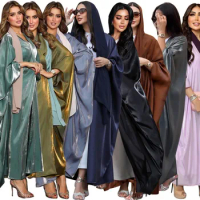 2024 Islam Abaya Kaftan Fashion Shiny Silk Abayas for Women Solid Color Bat Sleeves Robe Femme Muselmane From Europe and America