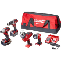 Milwaukee 2695-24 M18 18V Cordless Power Tool Combo Kit with Hammer Drill, Impact Driver, Reciprocating Saw, and Work Light