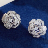 Custom Solid 10K White Gold Women Stud Earrings Flower Push Earring Back Moissanite Diamonds Wedding Engagement Anniversary Gift