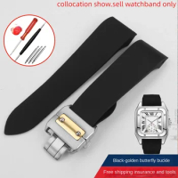 For Cartier Santos 100 W2020007 Stainless Steel Watch Buckle Watch Strap 25mm Black Rubber bracelet Folding buckle Watchband