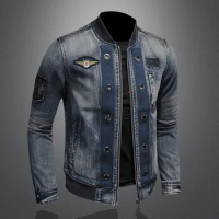 Men's Denim Jacket Flight Suit Baseball Collar Zipper Denim Jacket European Plus Size Top