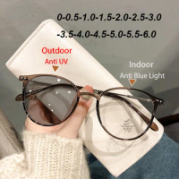 Intelligent Photochromic Myopia Glasses Women Men Ultralight Vintage Round Minus Glasses Finished Prescription Eyewear