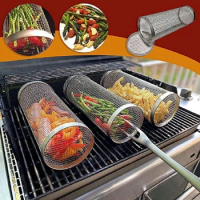 Stainless Steel BBQ Grill Basket, Wire Mesh Cylinder, Portable Round Grill Basket, Barbecue Rack, Outdoor Camping