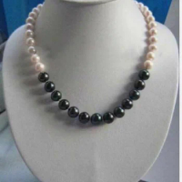 AAA+9-10 mm 18" Real natural white&amp;black pearl necklace 14k Gold clasp