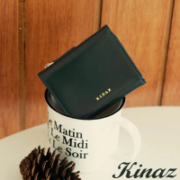 【KINAZ】牛皮拉鍊零錢袋三折方塊短夾-墨鑲綠-馬賽克系列